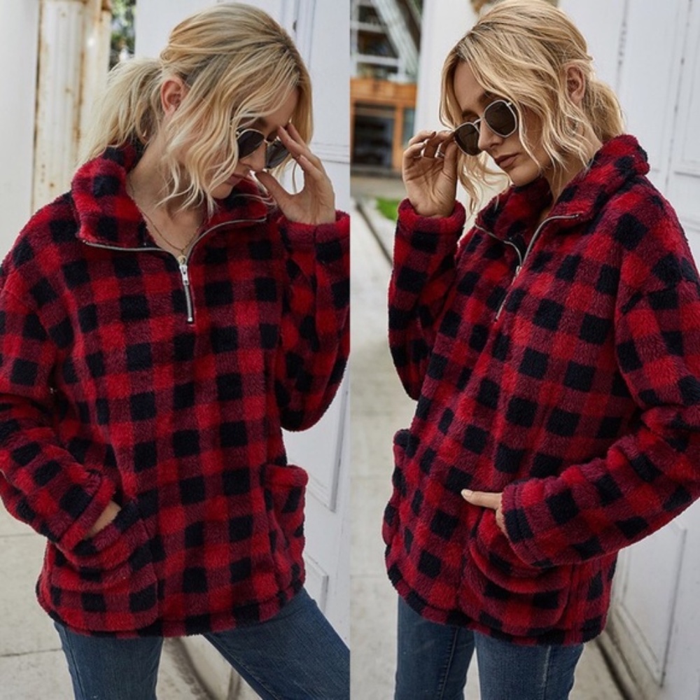 teddy zipper pocket plaid  sherpa pullover sweater